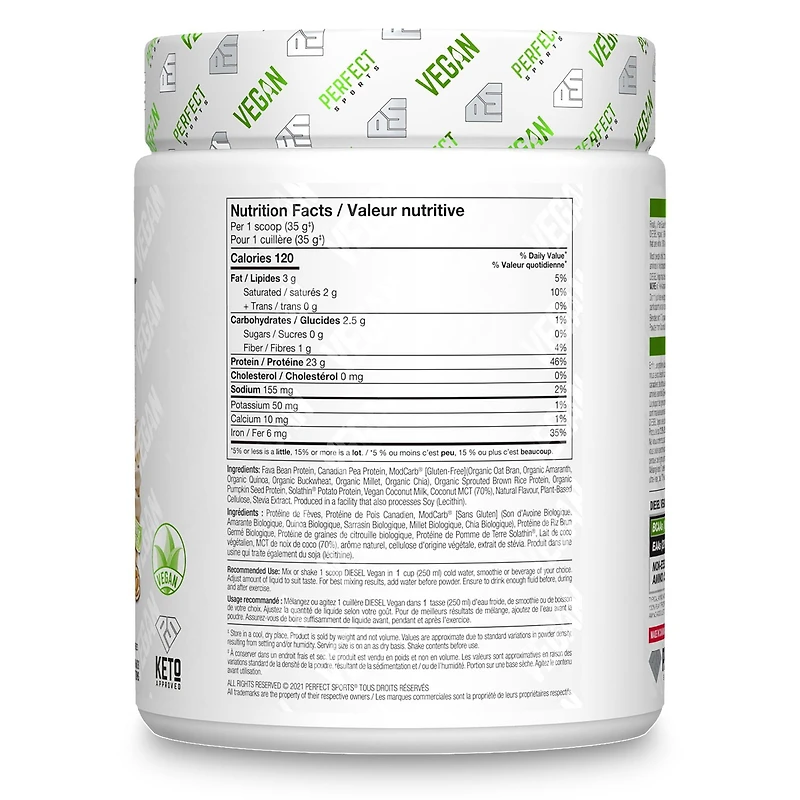 PERFECT Sports - DIESEL végétalien, poudre de protéines 100 % végétales, sans soja, sans lactose, sans gluten, approuvé par Keto, entièrement naturel, édulcoré exclusivement avec de la stévia. Rêve glacé à la vanille (10 portions, 350g)