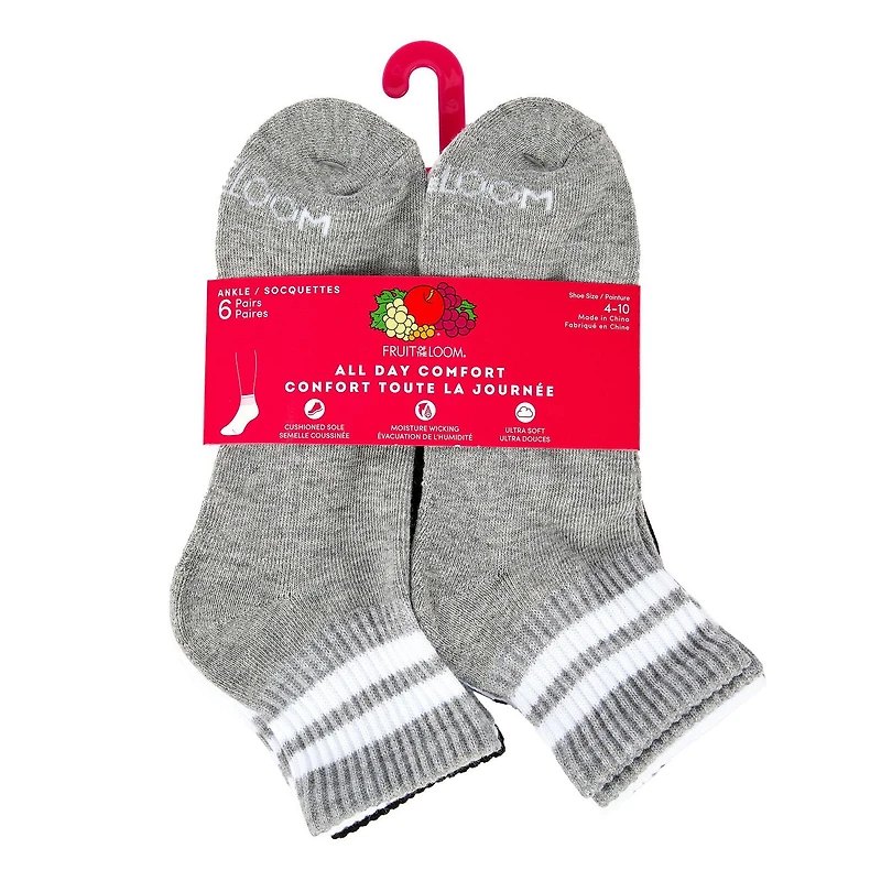 Fruit of the Loom Chaussettes de cheville confort toute la journée (paquet de 6) Les socquettes pour femmes All Day Comfort de Fruit of the Loom sont conçues pour une douceur extrême et un ajustement plus confortable de la salle de sport à la vie quotidienne.