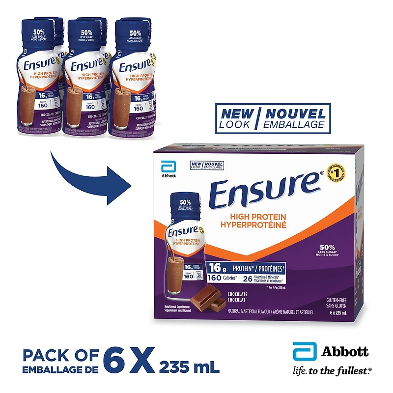 Ensure High Protein 16g, Ready-to-Drink Nutritional Supplement, Chocolate, 6 x 235 ml, 6 x 235 mL