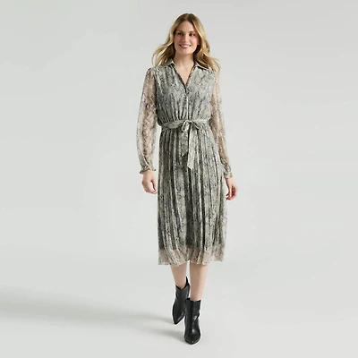 Robe imprimée avec ceinture et jupe plissée XS-XXL