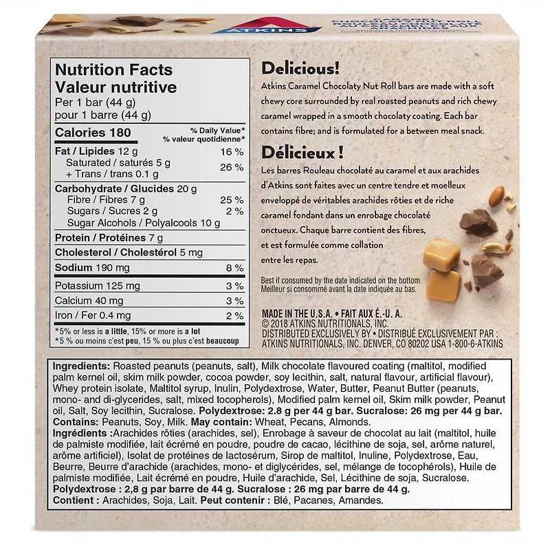 Barre-collation au rouleau chocolaté au caramel et aux arachides Atkins