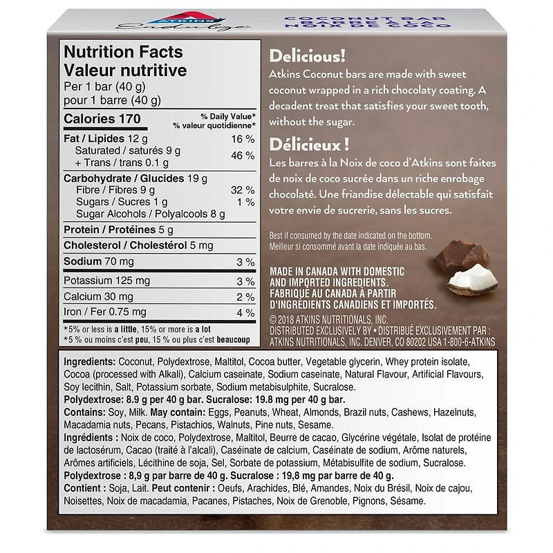 Barres friandise à la noix de coco Endulge d'Atkins 5 barres x 40 g