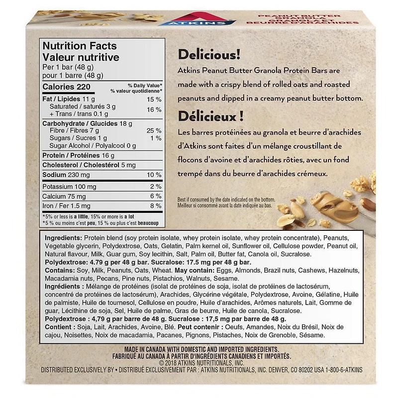 Barre protéinée granola et beurre d'arachides Atkins 5 barres de 48 g