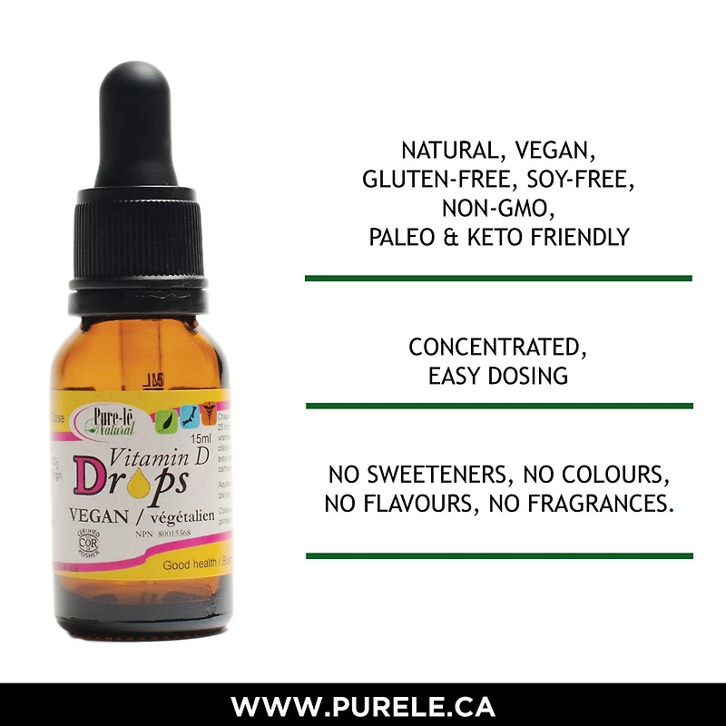 Gouttes de vitamine D2 végétaliennes pour adultes Pure-lē Natural