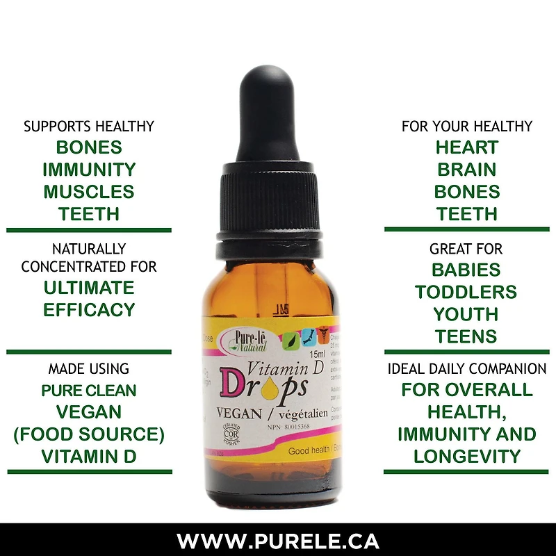 Gouttes de vitamine D2 végétaliennes pour adultes Pure-lē Natural