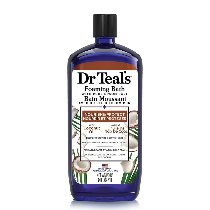 Dr Teal's Bain Moussant avec Du Sel D'Epsom Pur, Nourrir et Protéger avec de L'huile De Noix De Coco 34 fl oz / 1 L
