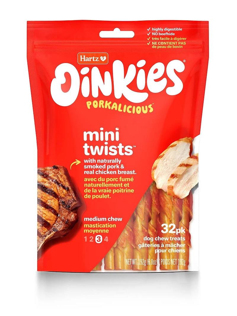 Hartz Oinkies Poulet Pig Skin Mini Twists Gaterie Pour Chiens paquet de 32