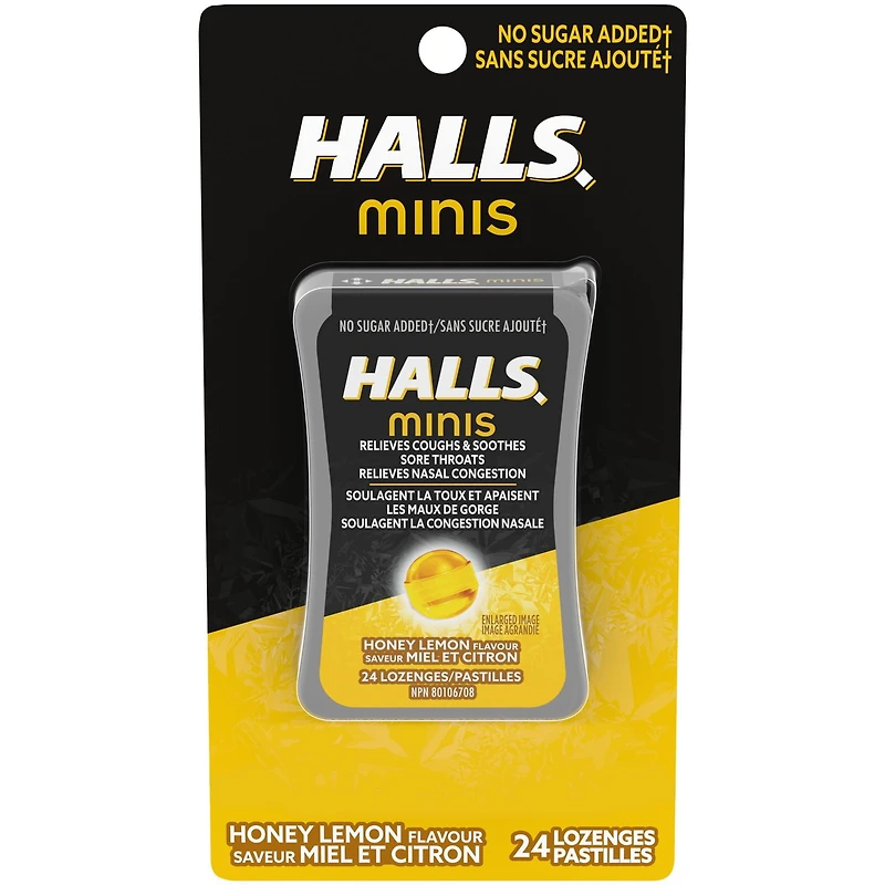 HALLS Minis No Sugar Added Honey Lemon Flavour Cough Drops, Mentho-Lyptus, 24 Lozenges