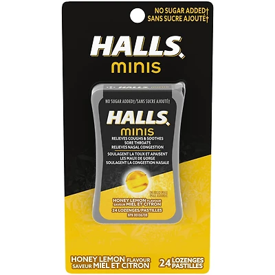 HALLS Minis No Sugar Added Honey Lemon Flavour Cough Drops, Mentho-Lyptus, 24 Lozenges