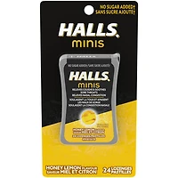 HALLS Minis No Sugar Added Honey Lemon Flavour Cough Drops, Mentho-Lyptus, 24 Lozenges