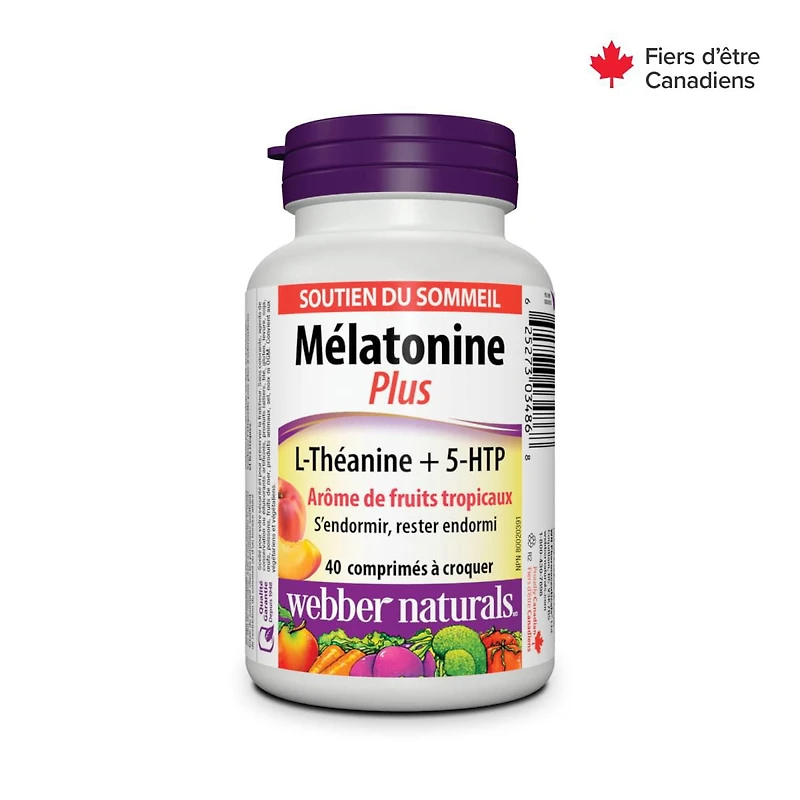 Webber Naturals® Melatonin plus L-Theanine + 5-HTP, Tropical Fruit Flavour, 40 Chewable Tablets