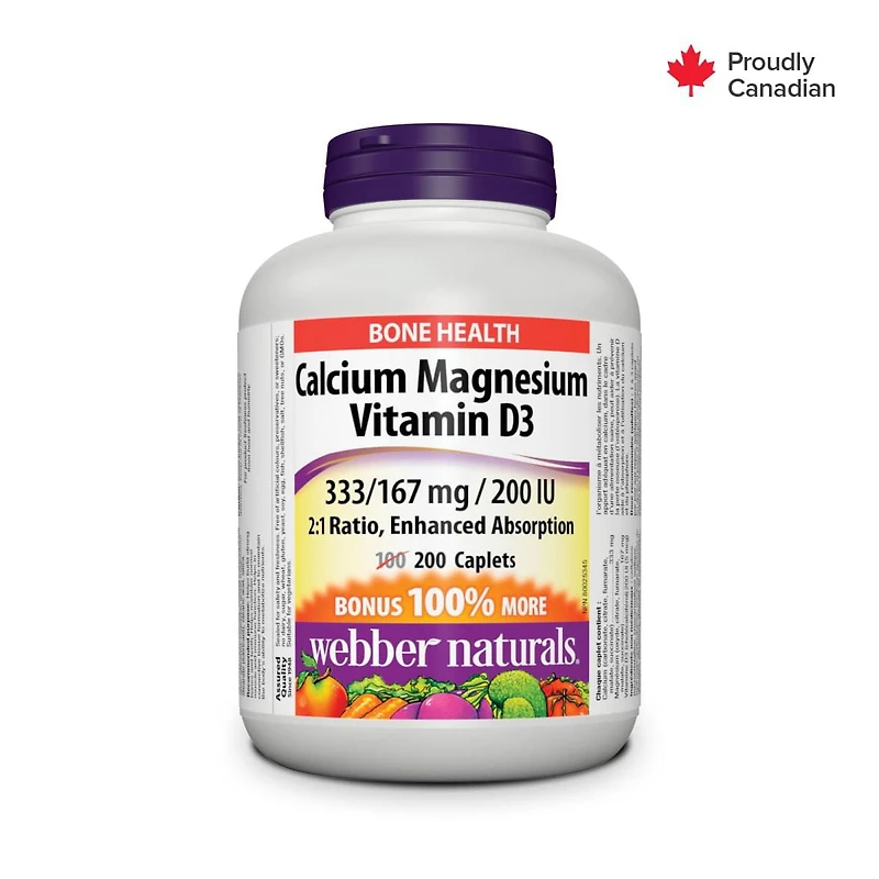 Webber Naturals® Calcium Magnesium Vitamin D3, 333/167 mg/200 IU, 200 caplets, BONUS! 100% more