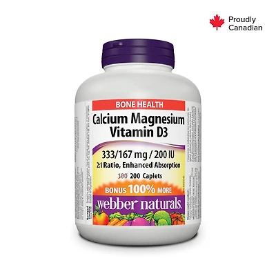 Webber Naturals® Calcium Magnesium Vitamin D3, 333/167 mg/200 IU, 200 caplets, BONUS! 100% more
