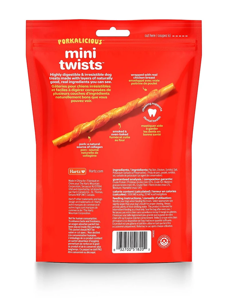 Hartz Oinkies Poulet Pig Skin Mini Twists Gaterie Pour Chiens paquet de 32