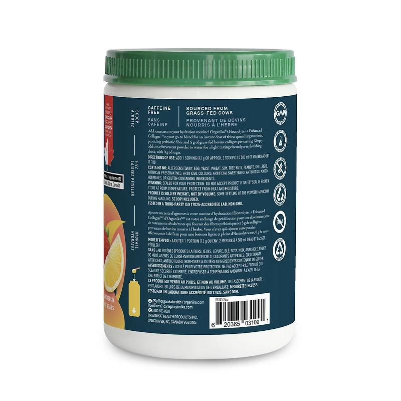 Organika Electrolytes Collagen Lemonberry 360g D'Hydratation avec des Nutriments essentials