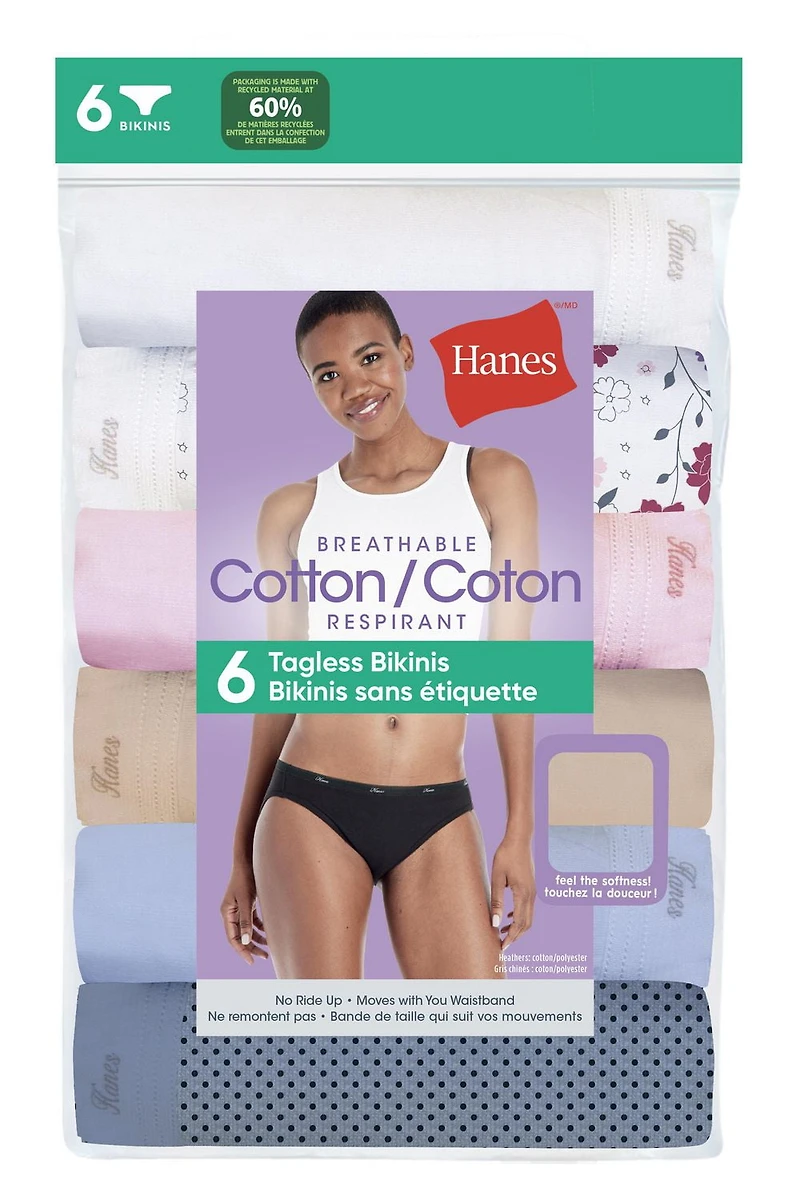 Culotte bikini de Hanes en coton pour femmes - paq. de 6 Tailles : TP à TG