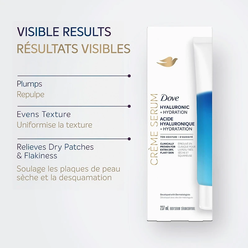 Dove Crème Body Serum Hyaluronic + Hydration for Extra Dry, Flaky Skin, with Pro-Ceramides, Niacinamide and Collagen Peptides, 237mL, 237mL