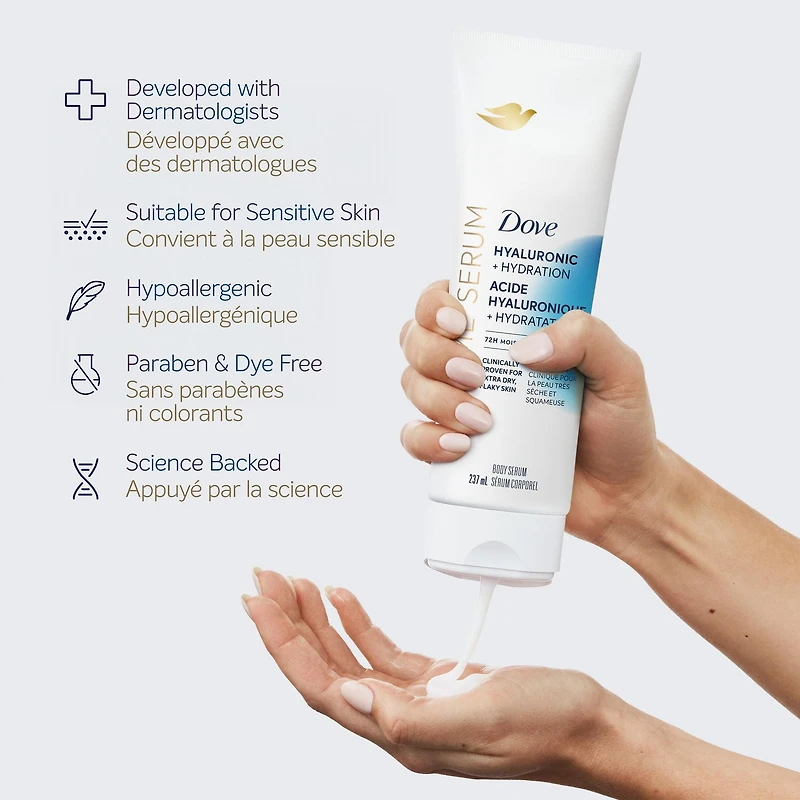 Dove Crème Body Serum Hyaluronic + Hydration for Extra Dry, Flaky Skin, with Pro-Ceramides, Niacinamide and Collagen Peptides, 237mL, 237mL