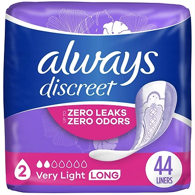 Protège-dessous d’incontinence Always Discreet pour les fuites urinaires, longs, degré d’absorption très léger, 2 tailles, 44 protège-dessous