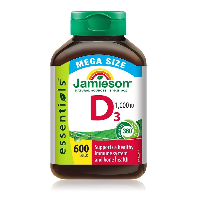 Jamieson Vitamin D3 1,000 IU Tablets, Supports Immune Health, Strong Bones, and Teeth, Enhances Calcium and Phosphorus Absorption. Vegetarian, Non-GMO, Gluten-Free, One Per Day, 600 Count, Proudly Canadian