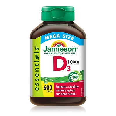 Jamieson Vitamin D3 1,000 IU Tablets, Supports Immune Health, Strong Bones, and Teeth, Enhances Calcium and Phosphorus Absorption. Vegetarian, Non-GMO, Gluten-Free, One Per Day, 600 Count, Proudly Canadian
