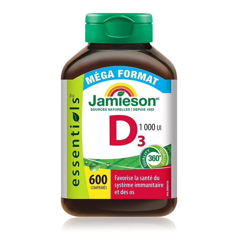 Jamieson Vitamin D3 1,000 IU Tablets, Supports Immune Health, Strong Bones, and Teeth, Enhances Calcium and Phosphorus Absorption. Vegetarian, Non-GMO, Gluten-Free, One Per Day, 600 Count, Proudly Canadian