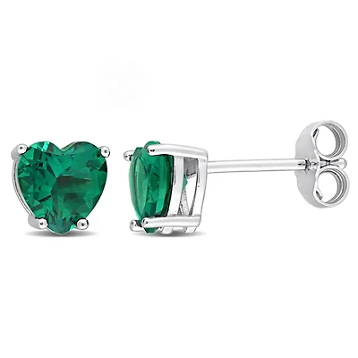 Miabella Created Emerald Solitaire Heart Stud Earrings in Sterling Silver