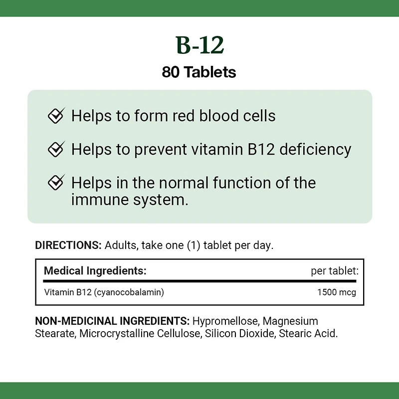 NATURE'S BOUNTY Vitamine B-12, libération prolongée, favorise le métabolisme énergétique, contribue à la formation des globules rouges, aide à prévenir les carences en B-12, soutient le système immunitaire, comprimés 80 paquet 80 comprimés