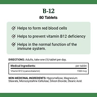 NATURE'S BOUNTY Vitamine B-12, libération prolongée, favorise le métabolisme énergétique, contribue à la formation des globules rouges, aide à prévenir les carences en B-12, soutient le système immunitaire, comprimés 80 paquet 80 comprimés