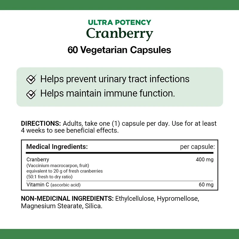 NATURE'S BOUNTY Cranberry, Ultra Potency, 20,000 mg, Helps Prevent Urinary Tract Infections, Helps Support Immune Function, Vegetarian, Capsules 60.0 g, Helps prevent urinary tract infections