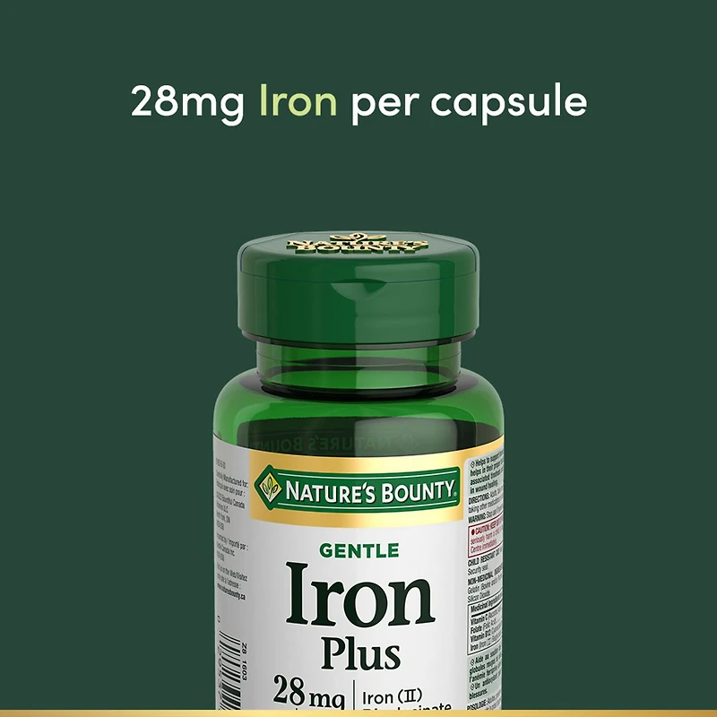 NATURE'S BOUNTY Fer plus, 28 mg, doux, aide à prévenir l’anémie, favorise la santé immunitaire, aide à la formation et au fonctionnement des globules rouges, aide à la cicatrisation des plaies, antioxydant, capsules 90 paquet 90 gélules