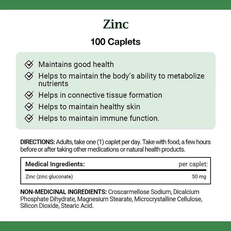 NATURE'S BOUNTY Zinc, 50 mg, soutien de la fonction immunitaire, aide à métaboliser les nutriments, aide à la formation des tissus, pour une bonne santé et une peau saine, caplets 100 paquet