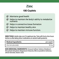NATURE'S BOUNTY Zinc, 50 mg, soutien de la fonction immunitaire, aide à métaboliser les nutriments, aide à la formation des tissus, pour une bonne santé et une peau saine, caplets 100 paquet