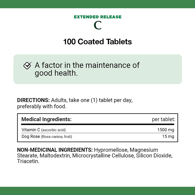 NATURE'S BOUNTY Vitamine C avec Cynorrhodon, 1 500 mg, libération prolongée, aide à maintenir la fonction immunitaire, comprimés enrobés 100 paquet 100 Tablettes