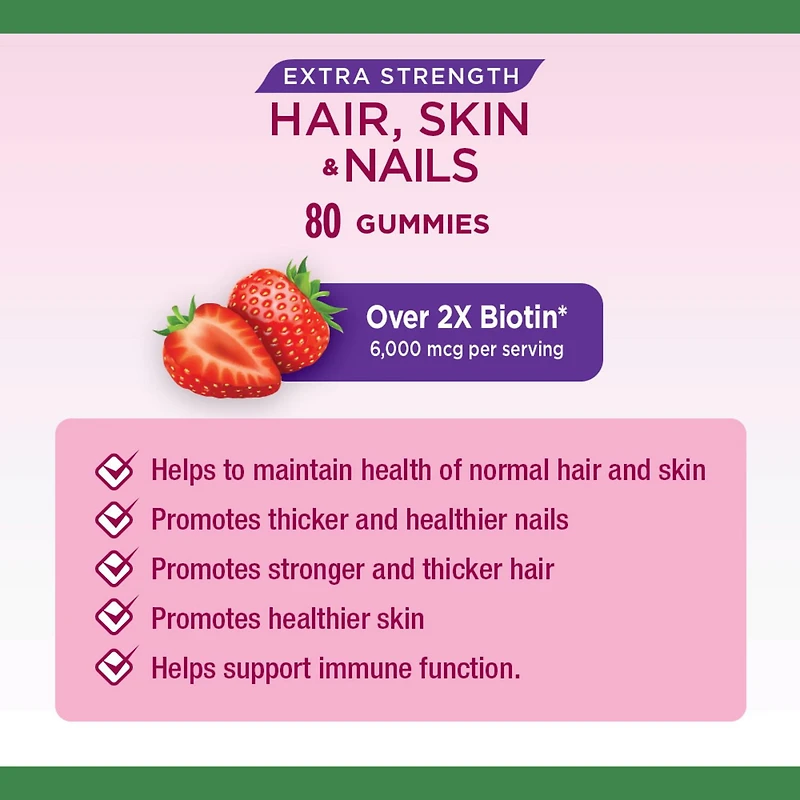 NATURE'S BOUNTY Extra Strength Hair, Skin & Nails, Gummies, Helps to Maintain Health of Hair & Skin, Promotes Thicker, Healthier Nails & Stronger Thicker Hair, Strawberry Cream Flavour 80.0 count, 80 Gummies