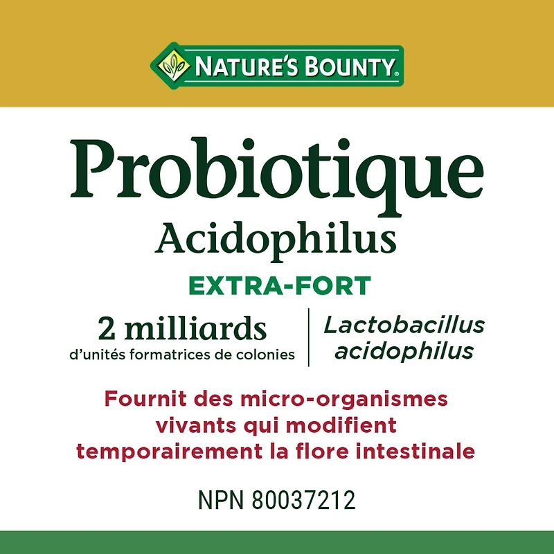 NATURE'S BOUNTY Probiotique Acidophilus extra-fort, Lactobacillus acidophilus, modifie temporairement la flore intestinale, micro-organismes vivants, 2 milliards d'unités formatrices de colonies, 150 caplets 150 paquet 150 caplets