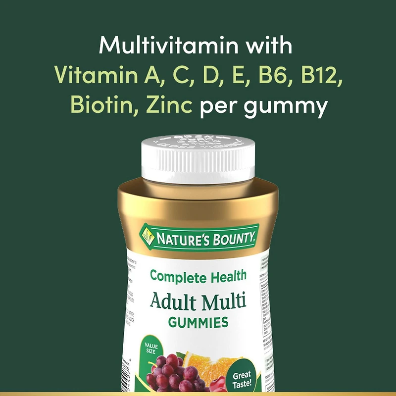 NATURE'S BOUNTY Multivitamines pour adultes, aide à soutenir la fonction immunitaire, aide au développement des os et des dents, saveurs de cerise, de raisin et d’orange 150 paquet