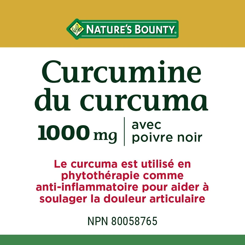 NATURE'S BOUNTY Curcumine du curcuma avec poivre noir, 1 000 mg, anti-inflammatoire pour les douleurs articulaires, aide à la digestion, antioxydant, capsules 45 paquet 45 gélules