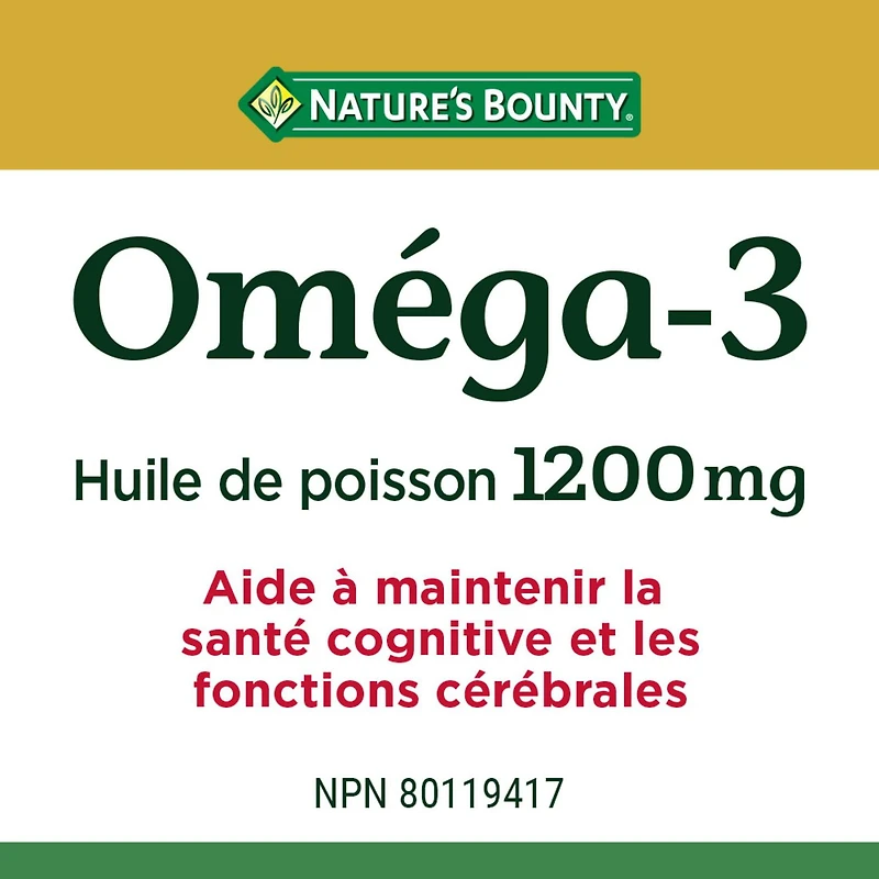 NATURE'S BOUNTY Omega-3 Fish Oil, 1200 mg, Value Size, Supports Cognitive Health & Brain Function, Source of Omega-3 Fatty Acids EPA & DHA, Softgels 120.0 count, 120 Softgels