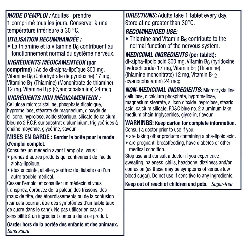 Nervive Santé des nerfs, pour le système nerveux, acide alpha-lipoïque, ALA, vitamines B1-thiamine, B6, B12, supplément de 30 jours, 30 unités