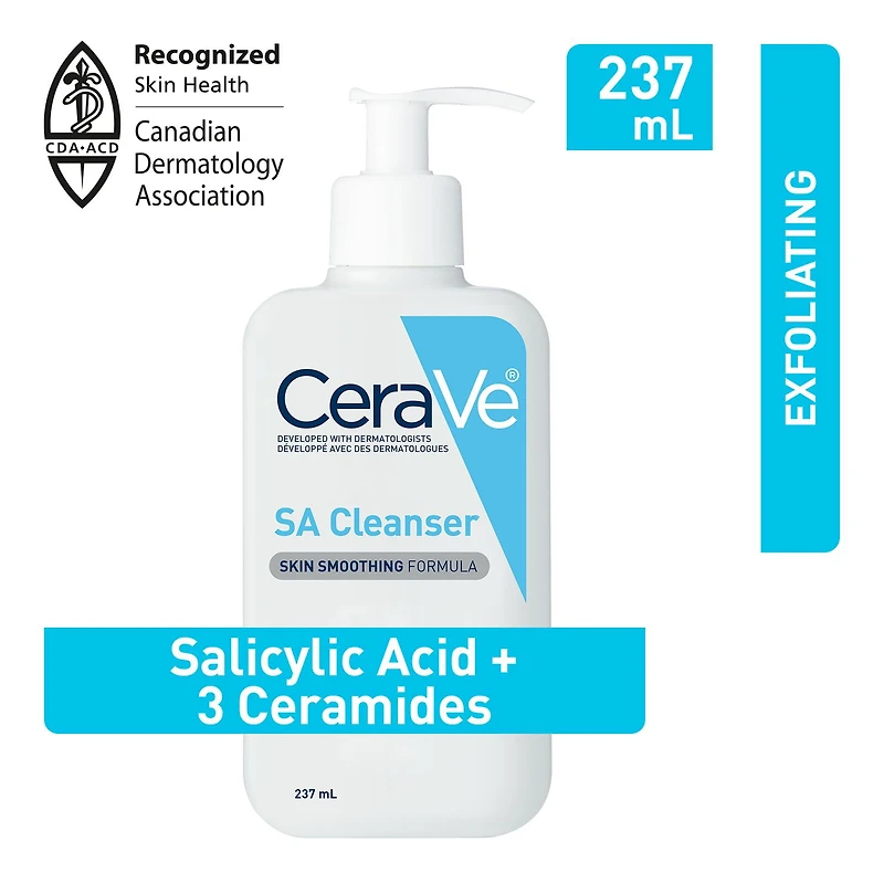 CeraVe SA Cleanser, Salicylic Acid Exfoliating Face Wash with Vitamin D and Ceramides for Rough Bumpy Skin, 237mL