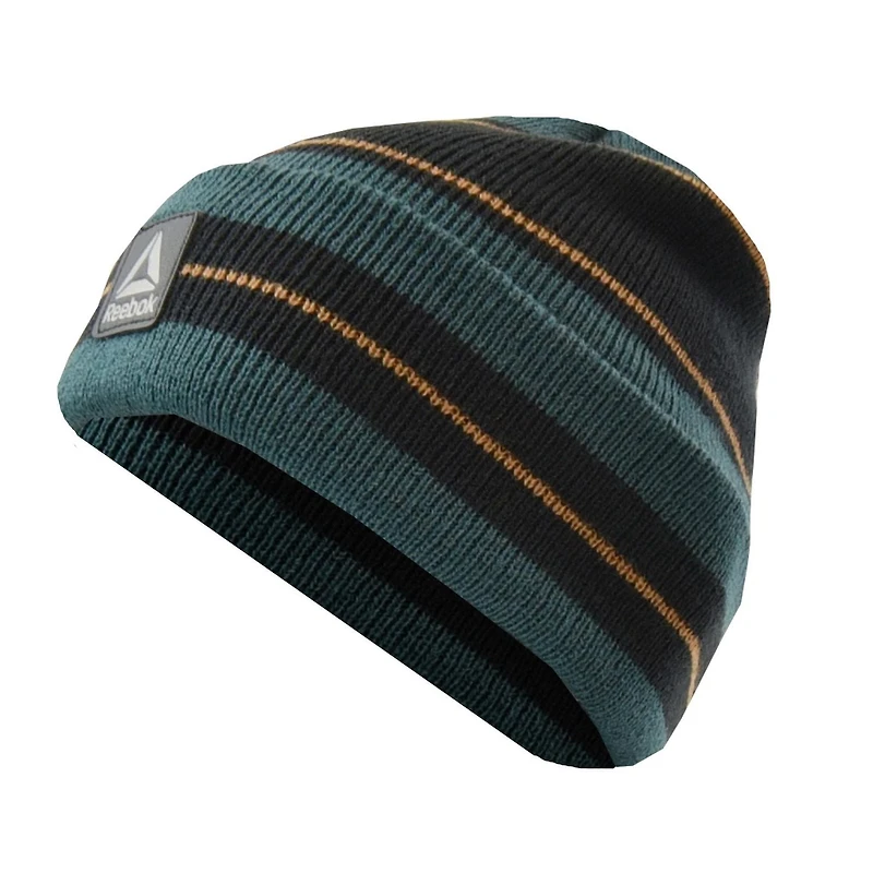 Tuque Reebok pour garçon, 100% acrylique, extensible, en tricot jaquard rayé avec bordure. Il est doux au toucher pour vous garder bien au chaud. Logo Reebok. Taille unique