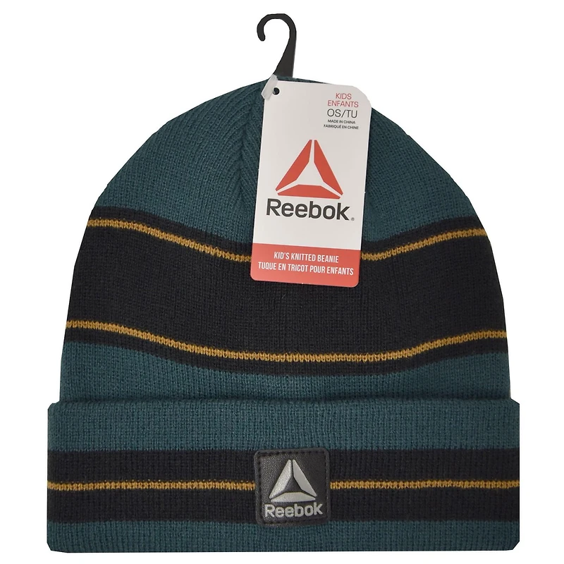 Tuque Reebok pour garçon, 100% acrylique, extensible, en tricot jaquard rayé avec bordure. Il est doux au toucher pour vous garder bien au chaud. Logo Reebok. Taille unique