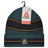 Tuque Reebok pour garçon, 100% acrylique, extensible, en tricot jaquard rayé avec bordure. Il est doux au toucher pour vous garder bien au chaud. Logo Reebok. Taille unique