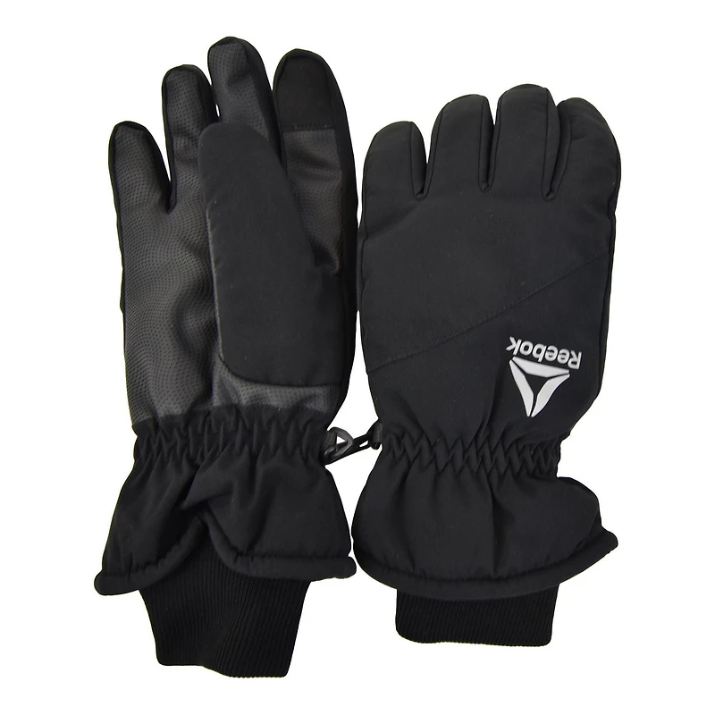 Gants isolées Reebok pour filles. Petit/Moyen.  L' extérieur en 89% polyester et 11% spandex. Rembourrage, doublure et bande en 100% polyester. Palmiere en 100% polyuréthane. Manchettes en 96% nylon et 4% caoutchouc. Logo Reebok réfléchissant.