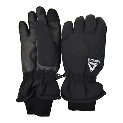 Gants isolées Reebok pour filles. Petit/Moyen.  L' extérieur en 89% polyester et 11% spandex. Rembourrage, doublure et bande en 100% polyester. Palmiere en 100% polyuréthane. Manchettes en 96% nylon et 4% caoutchouc. Logo Reebok réfléchissant.