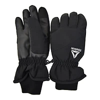 Gants isolées Reebok pour filles. Petit/Moyen.  L' extérieur en 89% polyester et 11% spandex. Rembourrage, doublure et bande en 100% polyester. Palmiere en 100% polyuréthane. Manchettes en 96% nylon et 4% caoutchouc. Logo Reebok réfléchissant.