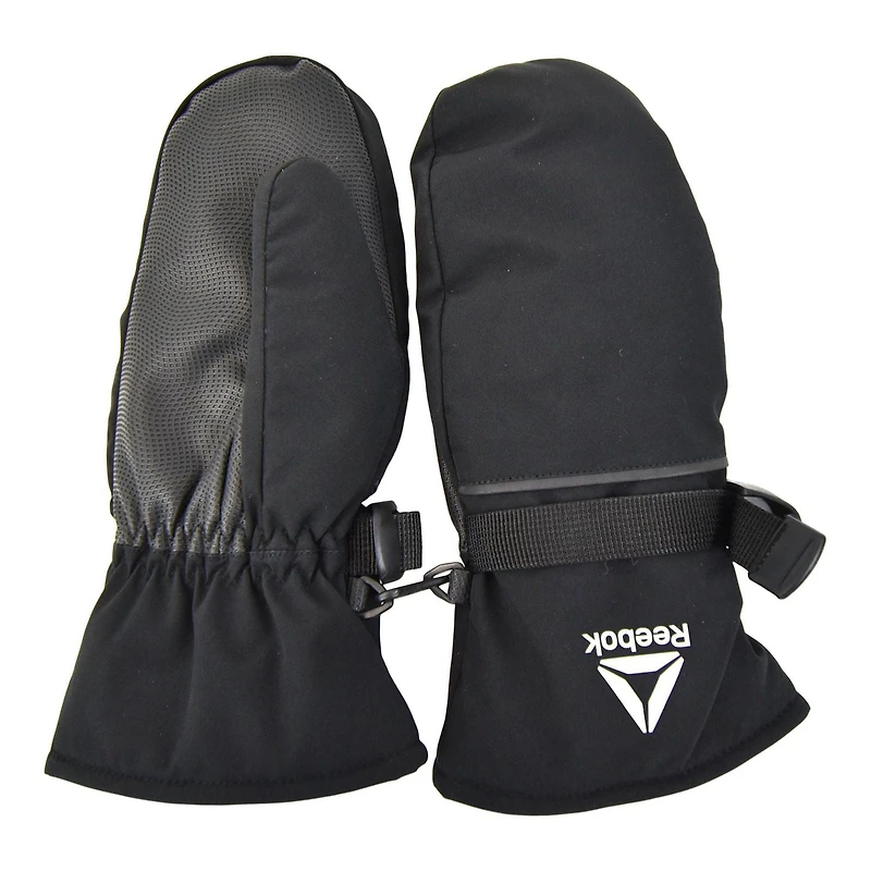 Girls Reebok insulated shell mittens. Small/Medium. Shell in 89% polyester & 11% spandex. Filling,lining and strap in 100% polyester. Palm in 100% polyurethane. Adjustable webbing glove clasp.Reflective Reebok logo.