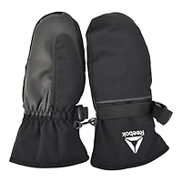 Girls Reebok insulated shell mittens. Small/Medium. Shell in 89% polyester & 11% spandex. Filling,lining and strap in 100% polyester. Palm in 100% polyurethane. Adjustable webbing glove clasp.Reflective Reebok logo.
