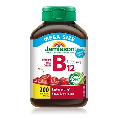 Jamieson Vitamin B12 Methylcobalamin 1,000 mcg, Fast Dissolving, Faster Acting, Naturally Energizing, and Supports Metabolism. Vegetarian, Gluten-Free, Natural Wild Cherry Flavour, 200 Sublingual Tablets, Proudly Canadian